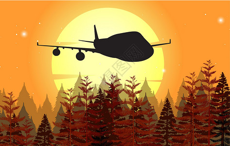 日落森林飞机在日落时飞行的背景设计插画