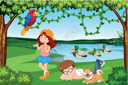 儿童和动物木场景背景图片
