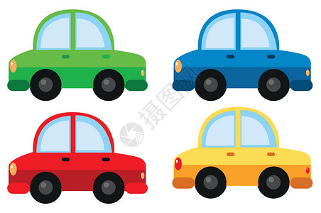 四种不同颜色的汽车红色绘画玩具卡通片收藏剪裁旅行夹子蓝色轮子背景图片