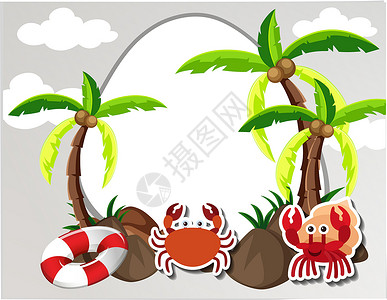 螃蟹照片与螃蟹和椰子树的圆的边界插画