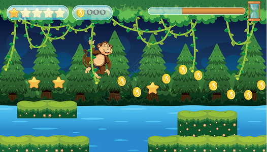 猴子拼图树丛林中的猴子跳跃游戏设计图片