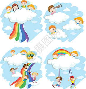 云剪贴画快乐的孩子们在云彩和彩虹上玩耍设计图片
