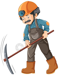 扛着锄头的男人白色背景上的矿工帽子卡通片矿业安全建设者工具危险男人劳动头盔设计图片