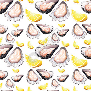 牡蛎片牡蛎和柠檬的无缝背景设计海鲜蔬菜插图艺术绘画营养夹子食物小吃动物插画