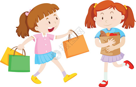 两个剪贴画两个女孩拿着购物袋购物者购物小路绘画青年夹子学生童年女孩乐趣插画