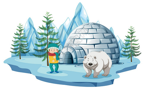冰屋与男孩和北极熊的北极场景插画