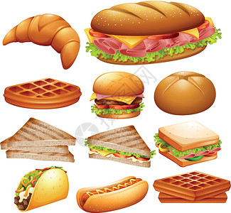 三明治机套各种各样的食物绘画玉米艺术火腿午餐插图胡扯白色夹子面粉插画
