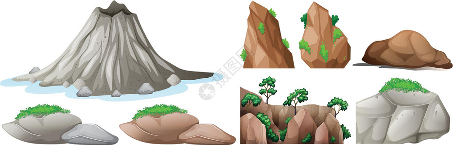 火山巨石与岩石和山的自然元素插画