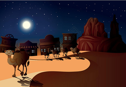 夜间与骆驼的沙漠场景背景图片