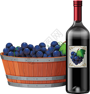 红酒桶白色背景上的红酒和葡萄桶插画