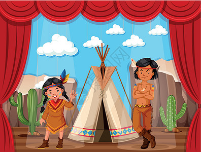 印第安帐篷雄鹿上的美洲原住民角色扮演插画