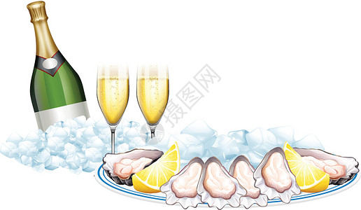 海鲜冰新鲜牡蛎和香槟瓶插画