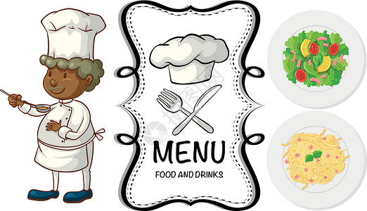 厨师沙拉男厨和菜单上不同食物插画