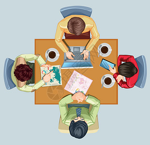 经济工作会议四个人在桌上开会插画