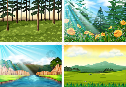 奥雷河森林和河流的四个背景场景插画