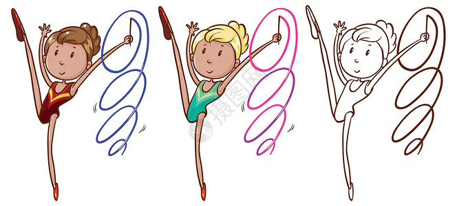 翅膀自做用 ribbo 做体操的女孩的涂鸦角色设计图片