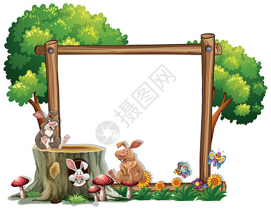 带小火车边框带两个兔子的边框模板插画