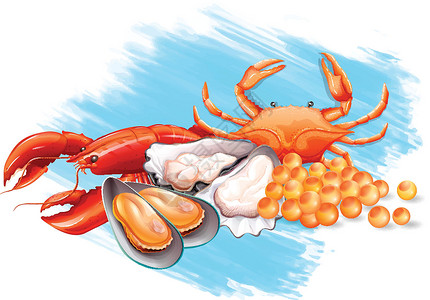 螃蟹龙虾不同种类的新鲜海鲜艺术食物螃蟹剪裁热带鲑鱼绘画小路健康肌肉插画