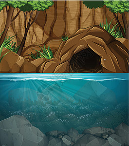 树洞穴水下洞穴景观场景插画