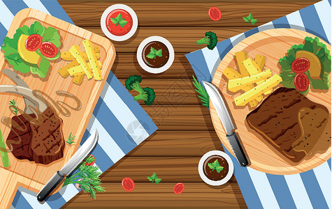 番茄牛腩汤锅羊肉和牛肉蒸汽的顶部视图插画