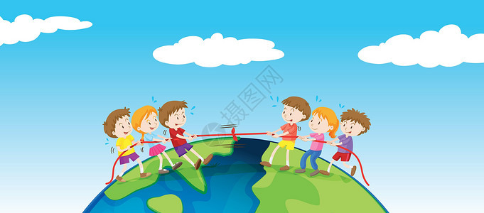 孩子们在地球上玩拔河比赛插画