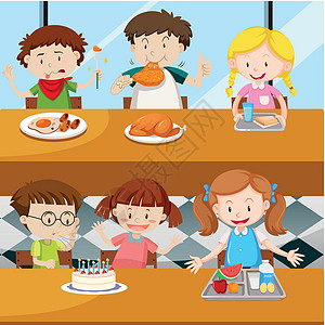 食物剪贴画许多孩子在食堂吃饭童年盘子学生男生艺术食物瞳孔绘画插图青年插画