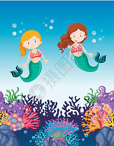 两条美人鱼在海底游泳背景图片