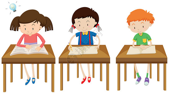 趴在桌子上学习的孩子在白色背景上学习的学生设计图片