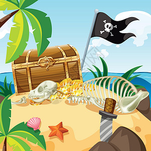 海盗牛角骷髅充满宝藏和棋子的岛屿插画
