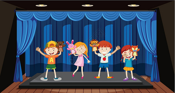 喜剧表演儿童在舞台上玩木偶插画