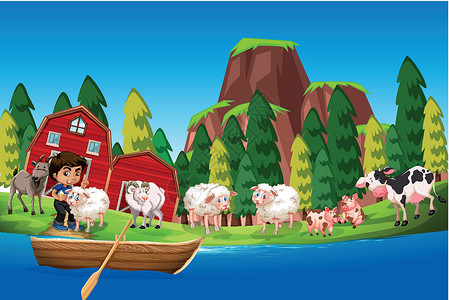 羊左雍措湖与男童和动物一起的农场场景插画