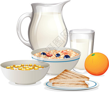 面包和水果在白色背景上的健康早餐设计图片
