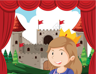 城堡舞台舞台前景中的公主在城堡前表演插画
