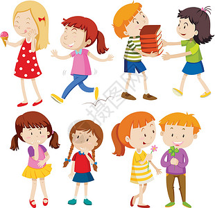 一组儿童特征艺术收藏绘画快乐孩子们夹子男生女孩卡通片插图背景图片