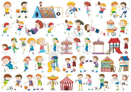 马戏团的孩子一组人的性格微笑乐趣操场教育卡通片活动孩子自行车白色夹子设计图片