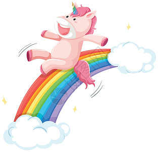 彩虹滑梯上的快乐独角兽喇叭故事卡通片动物粉色夹子艺术插图微笑魔法背景图片