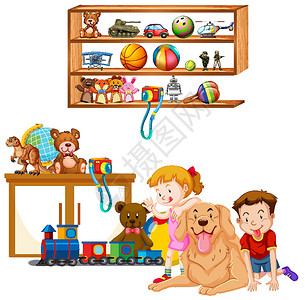 架子上的狗白色背景上装满书籍和玩具的架子班级机器动物动物群球形场景插图毛皮学校阅读插画