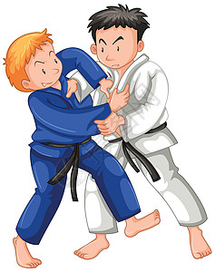 柔道素材两个男孩在体育比赛中打柔道摔跤活动闲暇卡通片小路孩子斗争面具白色孩子们绘画插画