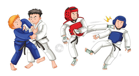 跆拳道女孩白色背景上的体育活动人士卡通片搏斗女性竞争盒子柔道剪裁男性乐趣插图设计图片