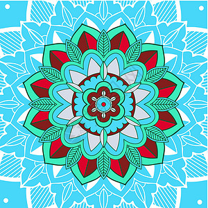 蓝色背景上的曼陀罗图案涂鸦卡通片文化装饰品瑜伽圆圈宗教植物卡片花瓣背景图片