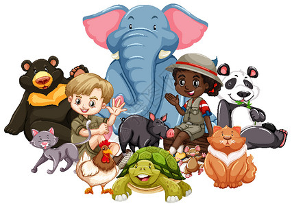 宠物动物群孤立背景下有动物的儿童插图动物群女孩宠物孩子少年收藏卡通片男性男生插画