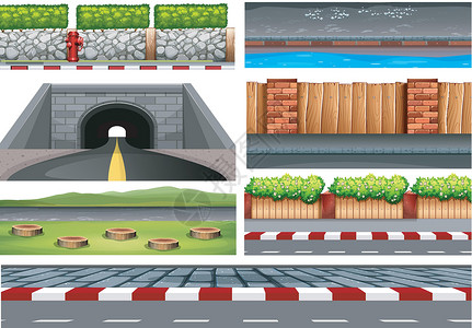 马路隧道一组道路对象插画