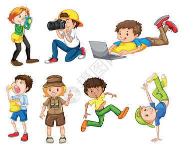 儿童动物园一组男性角色微笑摄影夹子行动孩子乐趣教育动物园姿势快乐设计图片