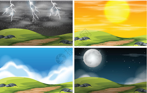 雷雨天安营组的自然景观日出日落月亮风暴下雨风景雷雨旅行夹子天空插画