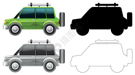 轮廓颜色和轮廓版本汽车绘画小路涂鸦绿色插图艺术面具卡通片白色背景图片