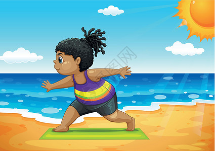 在 beac 上做瑜伽的女孩海洋黑色女士皮肤射线海岸力量海滩练习乐趣背景图片