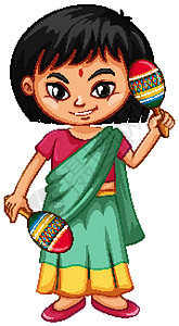 印度女孩印度孩子在白色背景上拿着马拉卡斯孩子们音乐节日夹子插图童年摇床绘画乐器卡通片插画