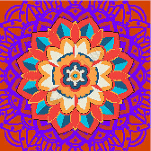 指甲花橙色背景上的曼陀罗图案传统花瓣圆圈宗教文化墙纸卡通片瑜伽装饰品植物插画