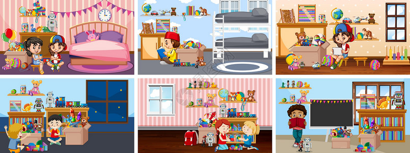 做游戏的孩子六个场景 孩子们在不同的房间里做活动学校时代童年微笑娱乐插图孩子少年学生玩具插画