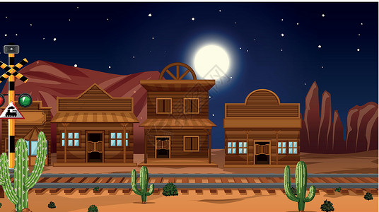 沙漠小镇沙漠场景中的小镇木头夹子艺术辉光火车墙纸绘画房子插图月亮插画